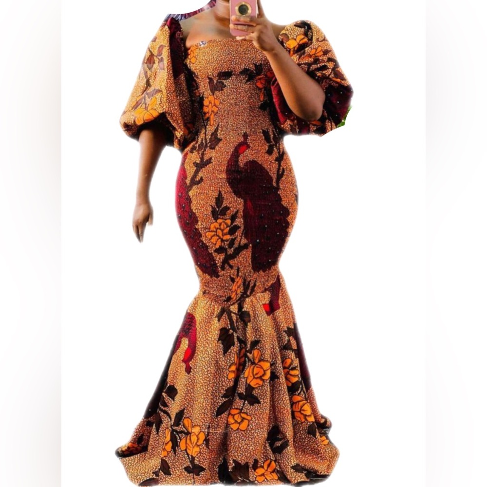 Multicolor Ruched(Lightweight) Ankara Dress w/ Ballon Sleeves-Fits Most S-M-L-XL